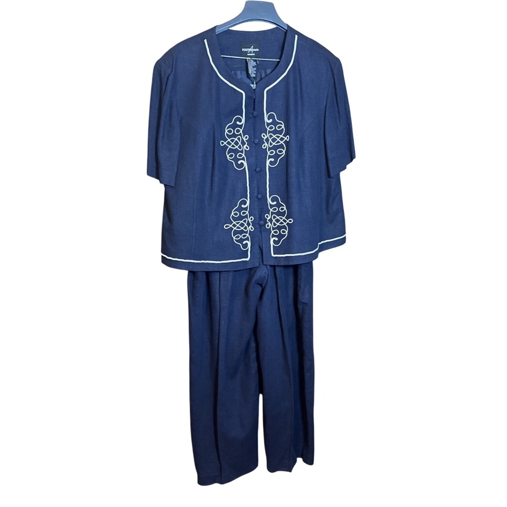 Vintage Y2K Positive Attitude 2pc Embroidered Linen Jacket Pants Set 20W Plus‎